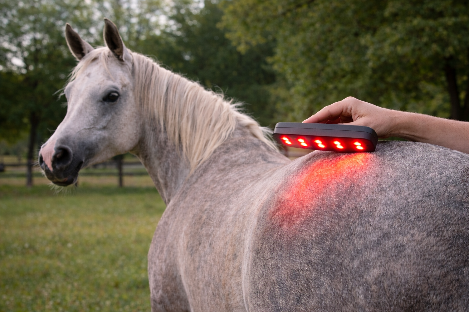 Horse receiving certified red light therapy for muscle recovery - Northern California mobile service